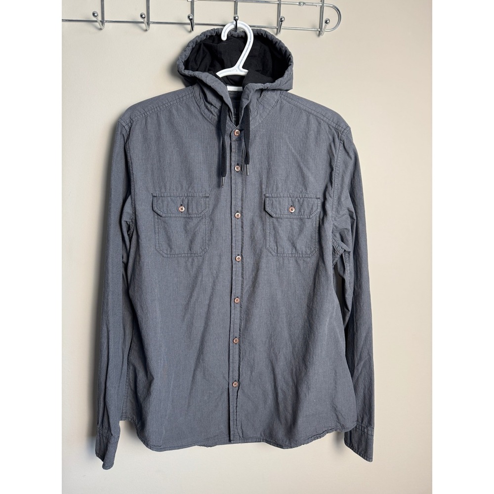 Guess Mens Gray Hooded Button Up Shirt Large Gorpcore Streetwear Utility Skater